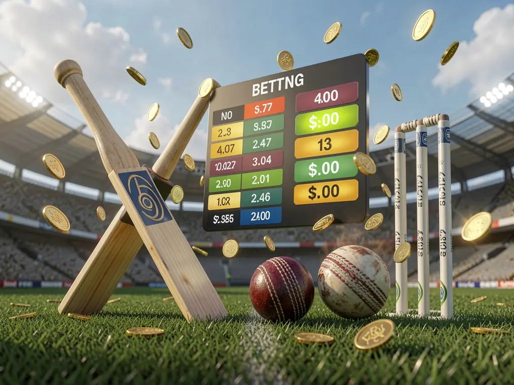 Realistic 3D illustration of a cricket bat, cricket ball, and wickets on stadium grass with floating betting odds interface and golden coins flying, showcasing F333CM sports betting in Bangladesh