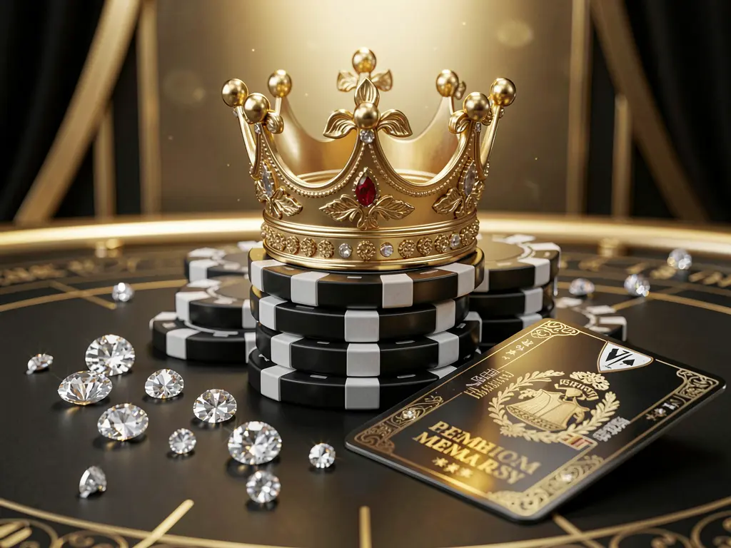 Elegant golden crown resting on poker chips with sparkling diamonds and a premium membership card against a luxury black and gold background, showcasing the exclusive high-end casino atmosphere of F333CM VIP rewards