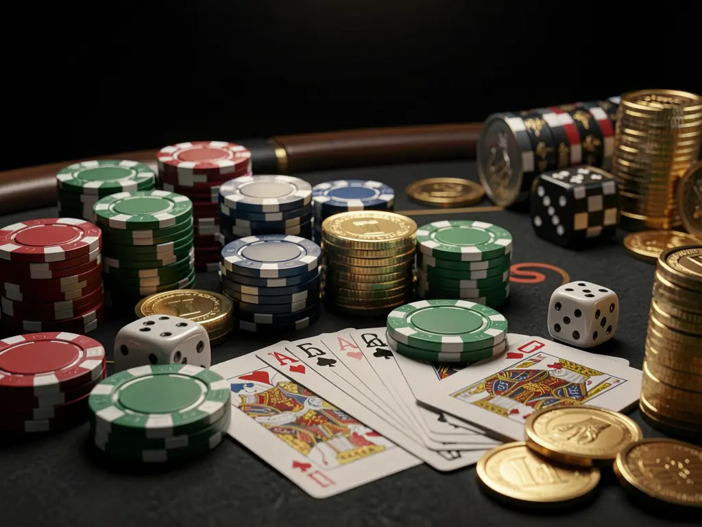 Close-up of an elegant casino table featuring poker chips, playing cards, dice, and gold coins with soft cinematic lighting on a luxury black background, showcasing the F333CM brand in a realistic 3D render
