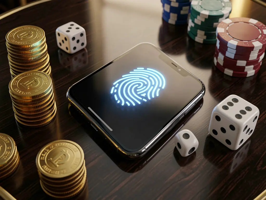 F333CM online gaming account access scene showing a smartphone with a glowing fingerprint icon, surrounded by golden coins, dice, and poker chips on a glossy table under cinematic lighting