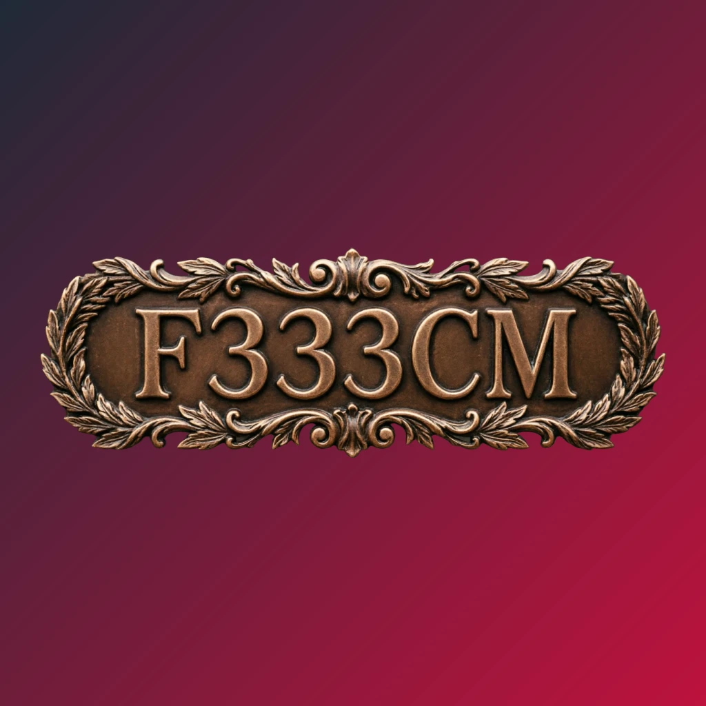 Vintage emblem logo featuring the brand name F333CM in classic typography with an ornamental frame in a retro premium style, designed as a horizontal rectangular wordmark ideal for website headers